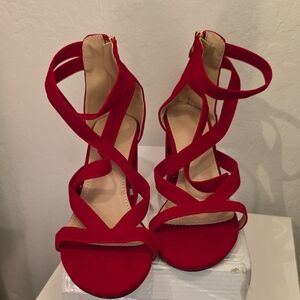 Red Suede Strappy Ankle-Wrap Heels